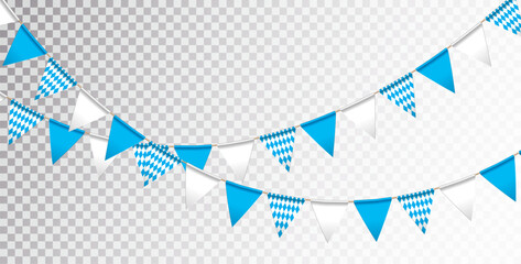 Blue and White Bavaria Party Flag Garland Isolated on Clean Background. Vector Oktoberfest Illustration for Traditional German Beer Festival. Holiday Celebration Flyer Design Template for Banner