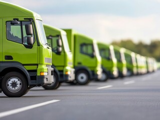 Naklejka premium A row of green semi-trucks parked in a lot, ready for transport.