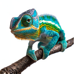 Obraz premium A vibrant green and blue chameleon perched on a branch, its large eyes focused on something out of frame.