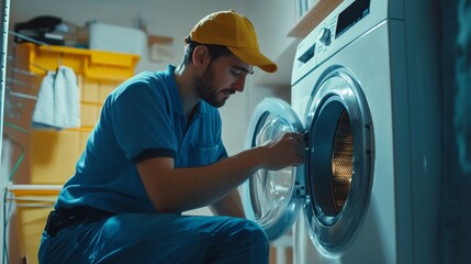 Repair service technician troubleshooting a washing machine in a laundry room.