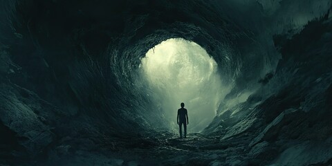 Naklejka premium A lone figure stands in a dark cave.