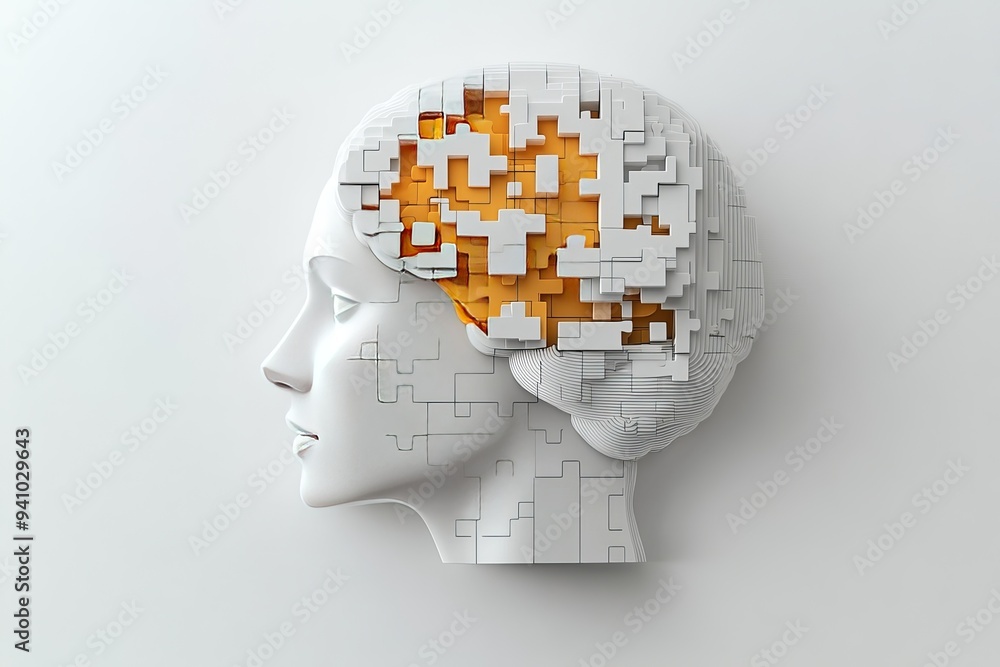 Poster a minimalist 3d illustration of a human head with a puzzle piece missing from the brain symbolizing 