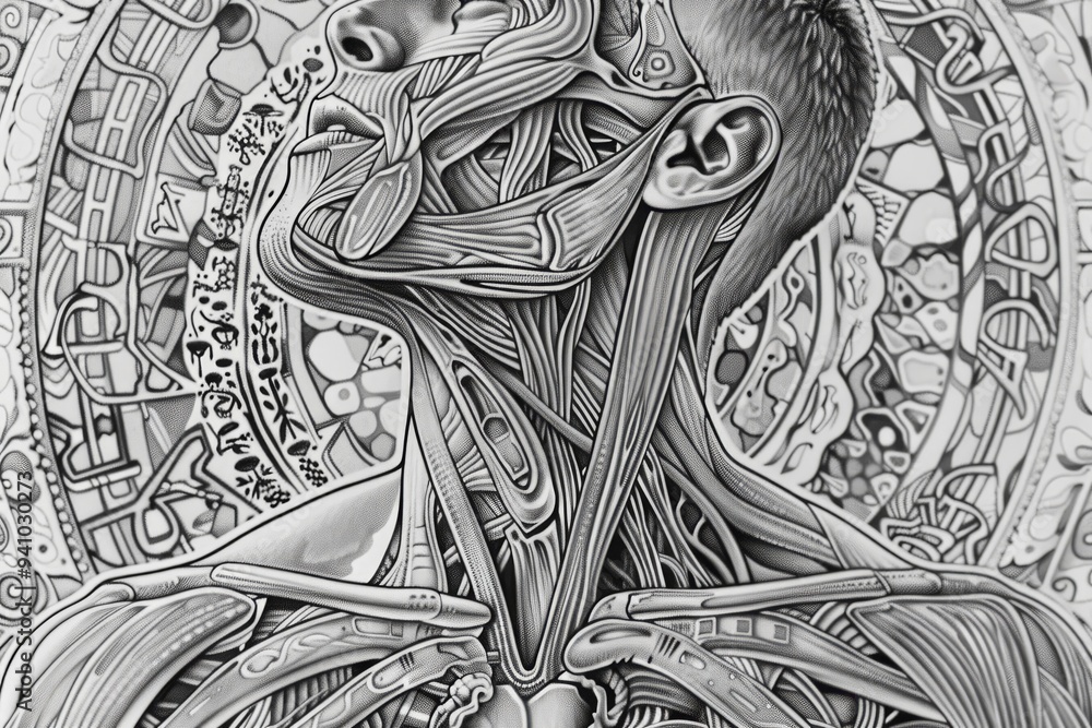 Poster a monochrome drawing of a man surrounded by wires, symbolizing the intersection of humanity and mach