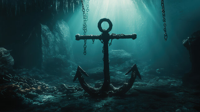 Underwater Anchor in Deep Ocean with Sunlight Rays
