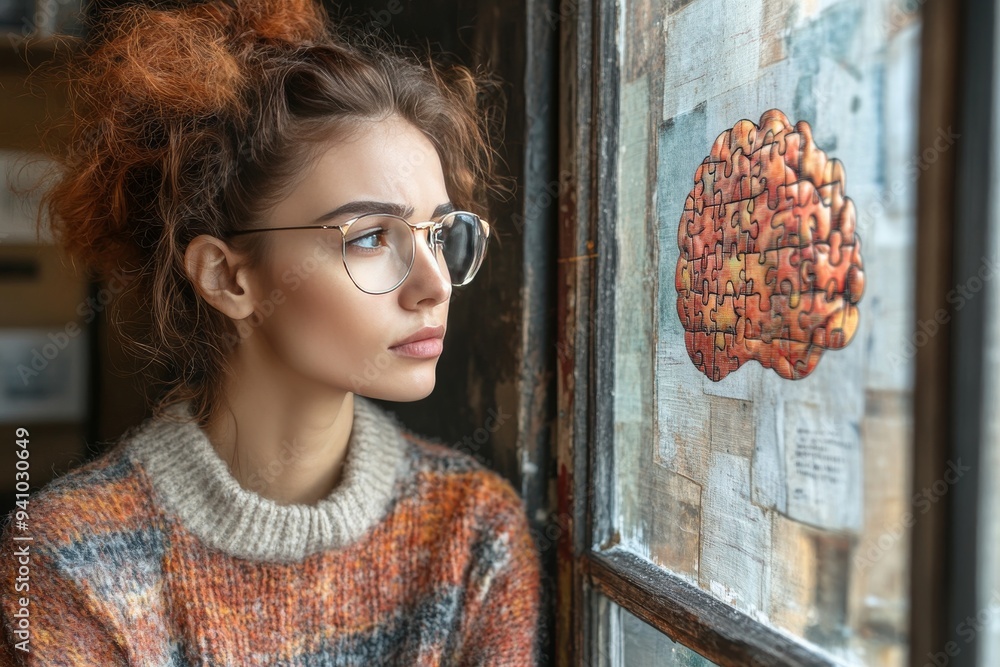Poster a modern digital portrait of a woman with her brain depicted as a glowing neural network symbolizing