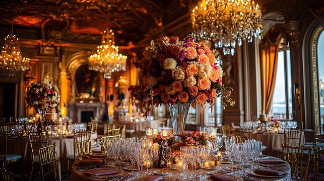 Beautiful Event Location featuring extravagant chandeliers and lavish centerpieces.