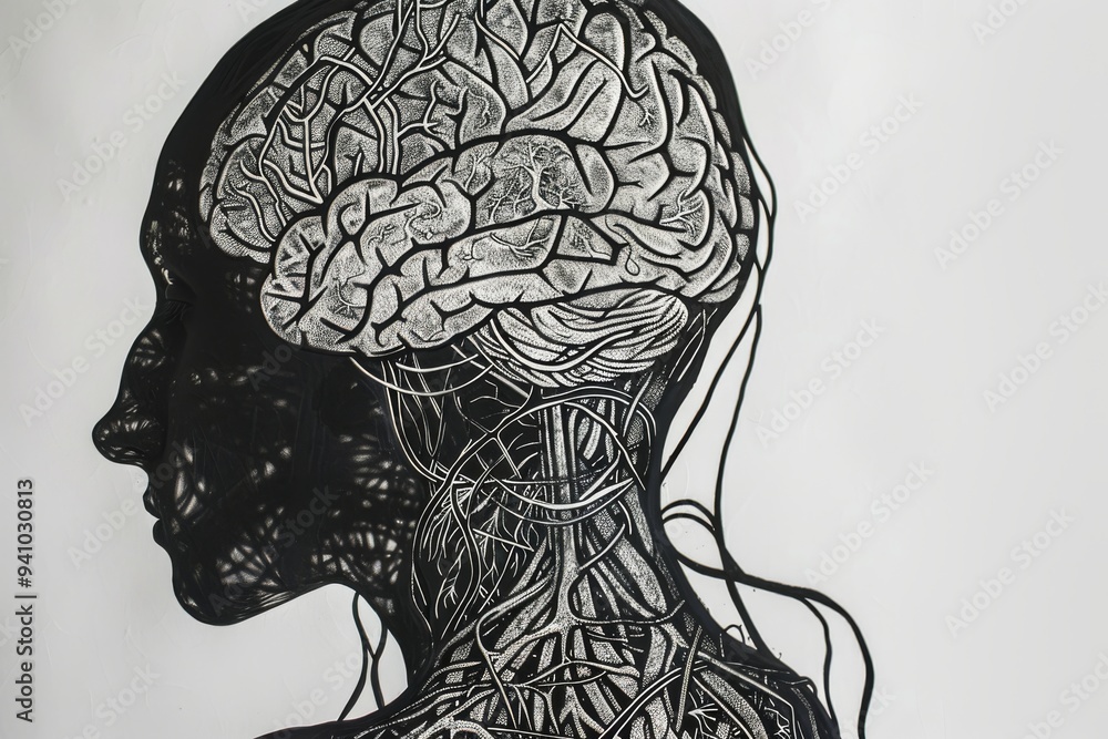 Poster a black and white sketch featuring a man with wires, illustrating a complex relationship between the