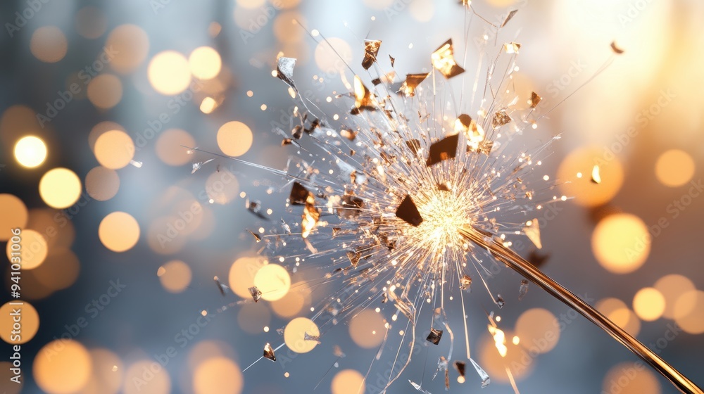 Poster a close up view of a firework exploding, revealing a complex network of swirling sparks in shades of