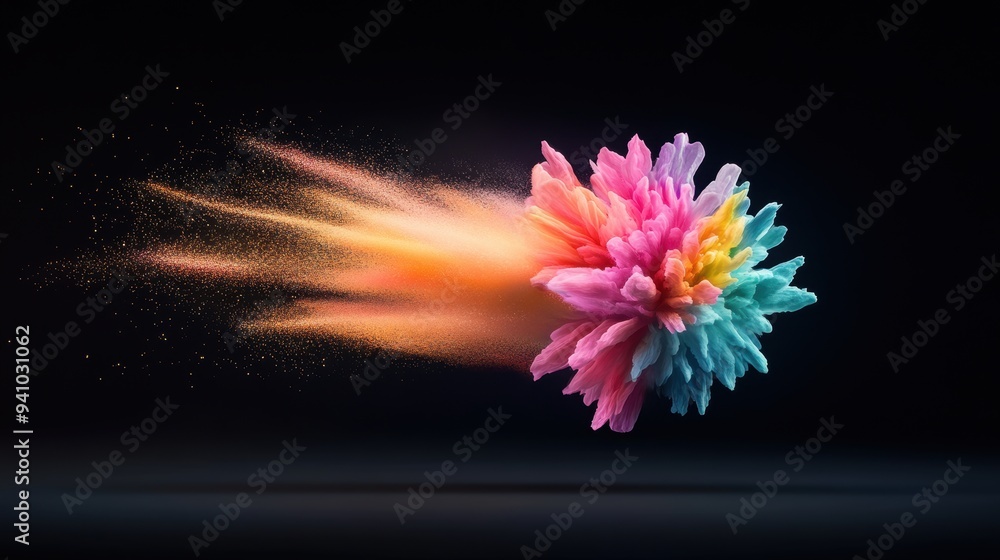 Poster a digital illustration of a single firework exploding in a burst of rainbow colors against a black b