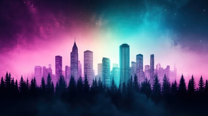 Fototapeta premium A burst of purple, green, and orange fireworks illuminating a city skyline at night, with skyscrapers silhouetted against the light.
