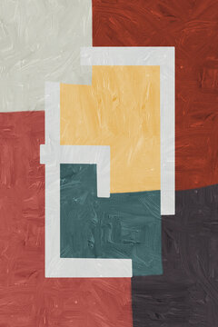 Abstract art painting using a palette of gray, beige, and teal with white geometric lines