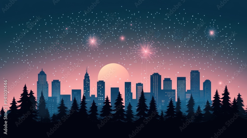 Aufkleber a silhouette of a city skyline with a firework display in the background, creating a dramatic and fe
