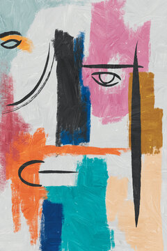 Abstract painting combining faces and geometric shapes using bold colors and brushstrokes
