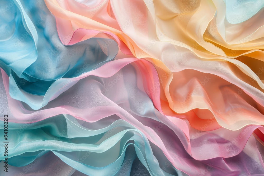 Poster a vibrant background of colorful silk fabric, showcasing a rich array of hues and textures in a flow