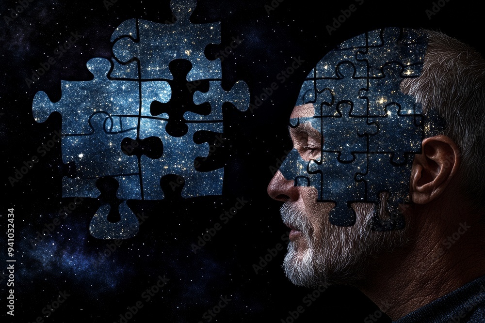 Poster a conceptual digital portrait of a man with puzzle pieces forming his profile symbolizing identity t