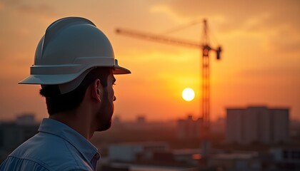 Beautiful image of an engineering helmet at sunset, civil construction, Safety workwear concept. Male hand holding white safety helmet or hard hat. Construction worker man with reflective orange vest 