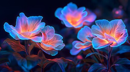 Glowing Neon Flowers on Dark Background