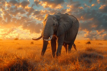Obraz premium Majestic elephant standing in savanna at sunset, golden hour, serene landscape, beauty of nature, warm orange sky