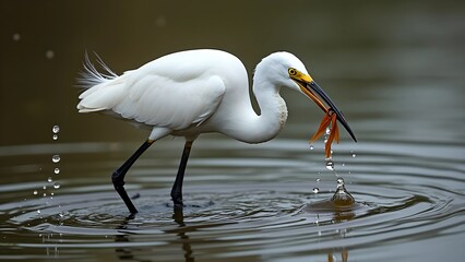 Fototapeta premium Little egret bird in mouth fish image 