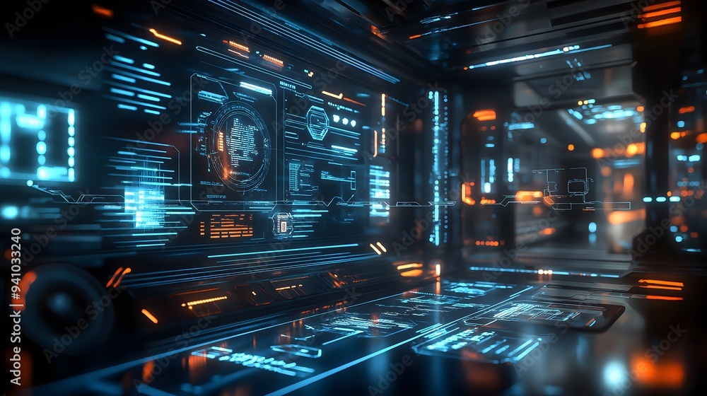 Poster futuristic command center with hud interface