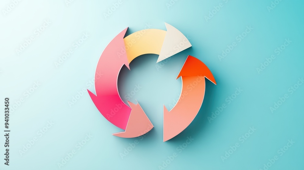 Poster three circular arrows, each with a different color, rotating around a central point, representing a 