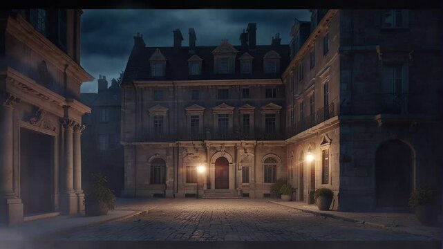 A cobblestone street with an old building at night.