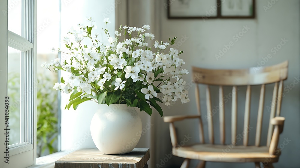 Wall mural a white vase with white flowers sits on a wooden table next to a wooden rocking chair. the window be