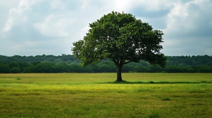 A single tree stands tall in a field of green grass under a cloudy sky.