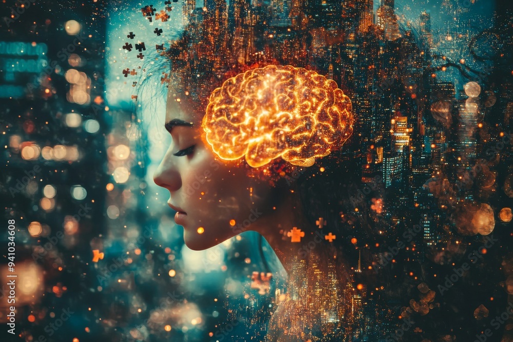 Poster vibrant digital portrait of a woman with her brain depicted as a glowing network of neurons symboliz