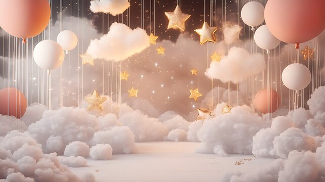 Dreamy Wedding Platform with Stars and Cloud Covering Floating Balloons