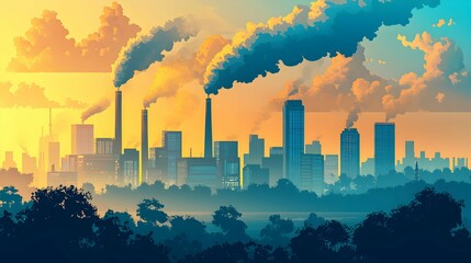 Industrial skyline with smoke and sunset