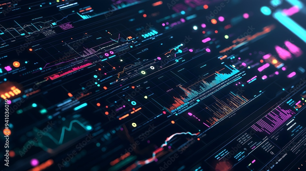 Poster futuristic data interface with glowing charts and graphs