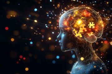 A surreal digital portrait of a woman with her brain depicted as a glowing constellation symbolizing the vastness of thought creativity and the energy of cognition in a cosmic conceptual style