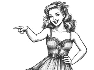 Fototapeta premium smiling retro woman pointing finger, confident and cheerful expression sketch engraving generative ai fictional character raster illustration. Scratch board imitation. Black and white image.