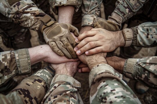 Group of military personnel standing in a line, hands clasped together