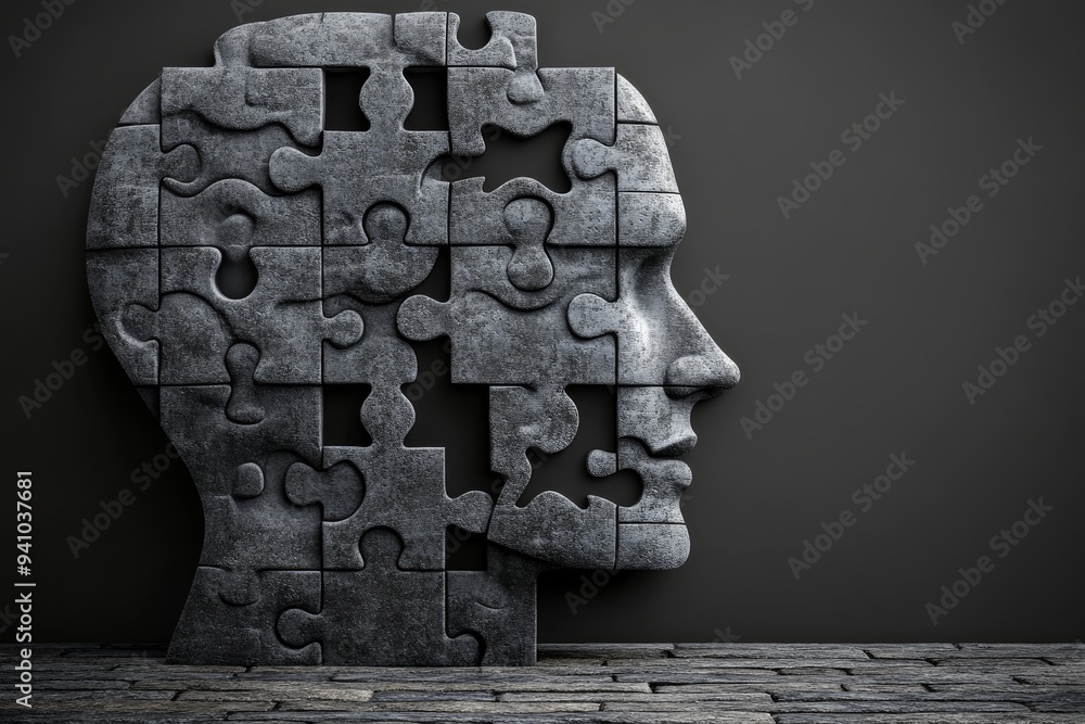 Poster monochrome sculpture of a human head with puzzle pieces representing the complex structure of the mi