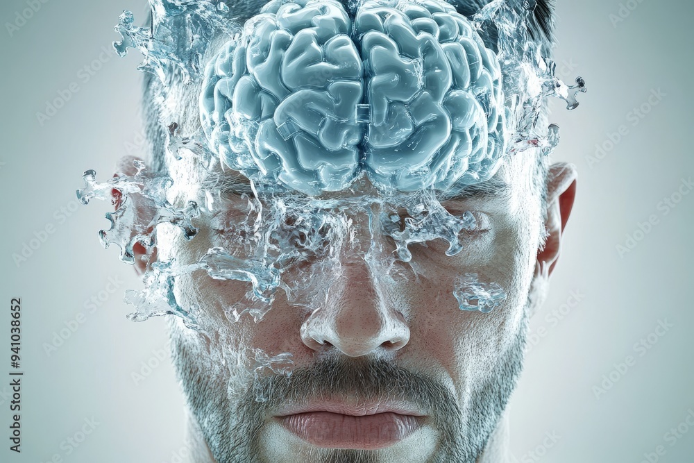 Poster portrait of a man with an ice like brain structure symbolizing the cool calculated nature of intelli