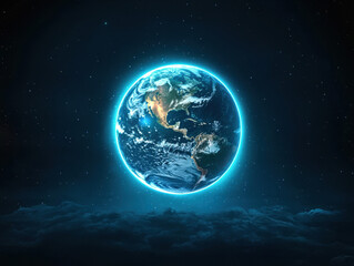 A stunning view of Earth illuminated by a glowing halo, showcasing its beauty in the vastness of space, surrounded by stars.