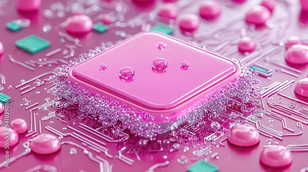 Aufkleber a vibrant close-up of a pink microchip surrounded by droplets, showcasing intricate circuit patterns