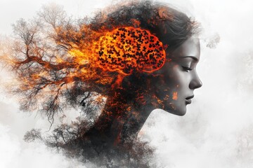 Silhouette of a woman with a fiery tree like brain symbolizing the growth of ideas and the deep rooted power of thoughts in a dramatic nature inspired illustration