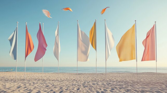 Create 3D mockups of realistic, blank beach flags in various shapes, such as rectangular, feather, and tear-drop, for showcasing branding and messages in outdoor seaside settings.