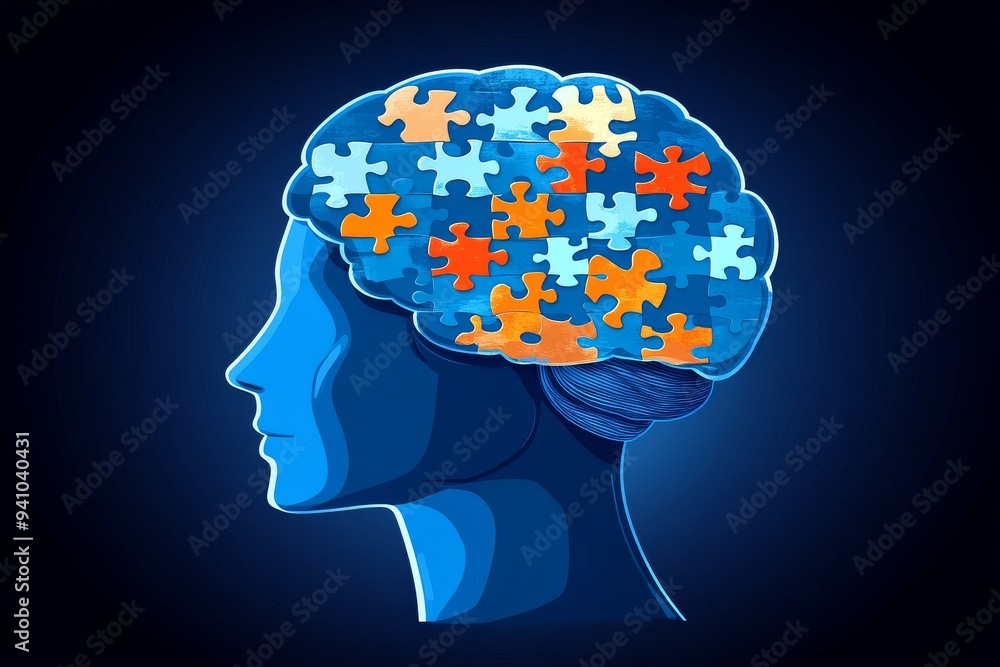 Sticker Blue graphic of a human head filled with puzzle pieces representing the complexity of cognitive processes and the diverse aspects of thought and intelligence