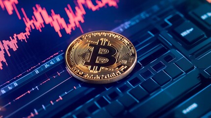 Close-up of a Bitcoin on a computer keyboard with a fluctuating cryptocurrency graph in the background, symbolizing digital wealth.