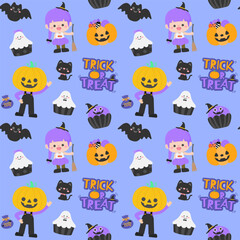 Obraz premium cute kid seamless pattern halloween trick or treat party illustration