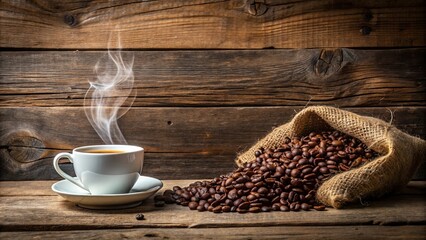 Naklejka premium Coffee cup with heart-shaped steam and beans on burlap sack on old wooden background