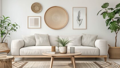 A living room with a white couch, a coffee table, and a potted plant by AI generated image