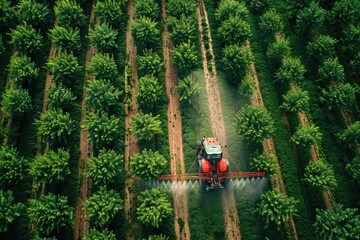 Agricultural equipment watering crops in a sunny meadow
