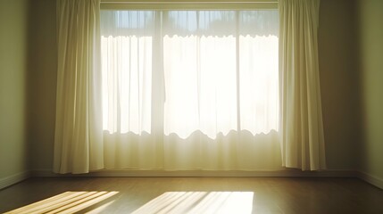 A backlit window with white curtains in an empty room
