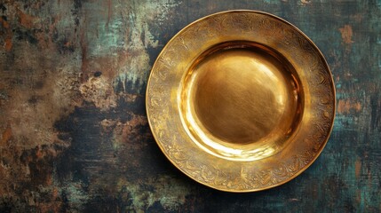 An ornate golden plate on a textured rustic background, ready for food or a product display.