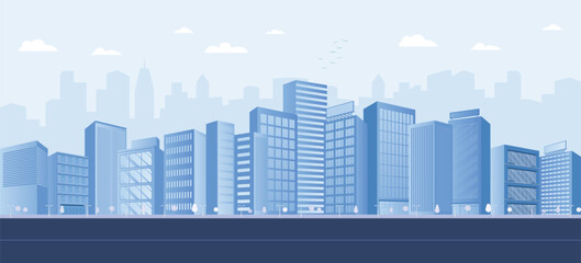 Monochrome blue urban landscape with clouds and birds in the sky. Light blue city buildings with trees. Modern architectural flat style vector art. Vector cityscape background.